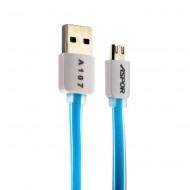 USB дата-кабель Aspor А107 MicroUSB (1.0m) плоский в силиконе 2.1A голубой ASPOR 02374